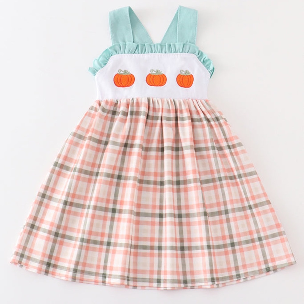 Plaid Pumpkin Embroidered Dress